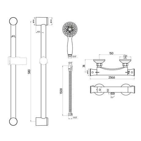 Scudo Tidy Round Brass Bar Valve with Fast Fix Brackets and Riser Kit dimensions