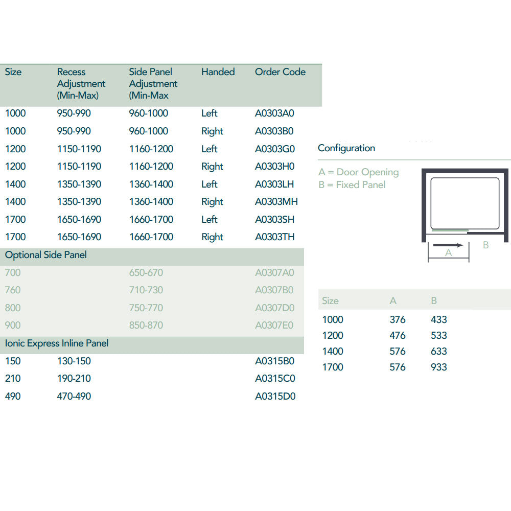 Merlyn Ionic Express Low Level Access Sliding Shower Door Right Handed 6mm Glass size charts