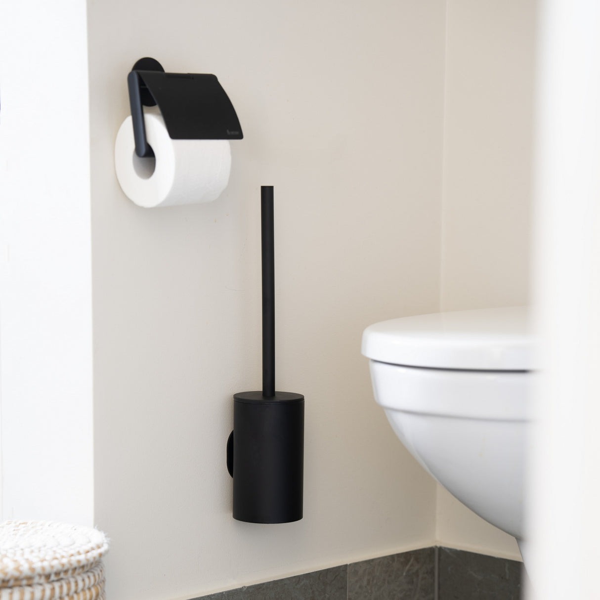 TB332 Smedbo Dot Matt Black Self Adhesive Toilet Brush and Holder with Toilet Roll Holder