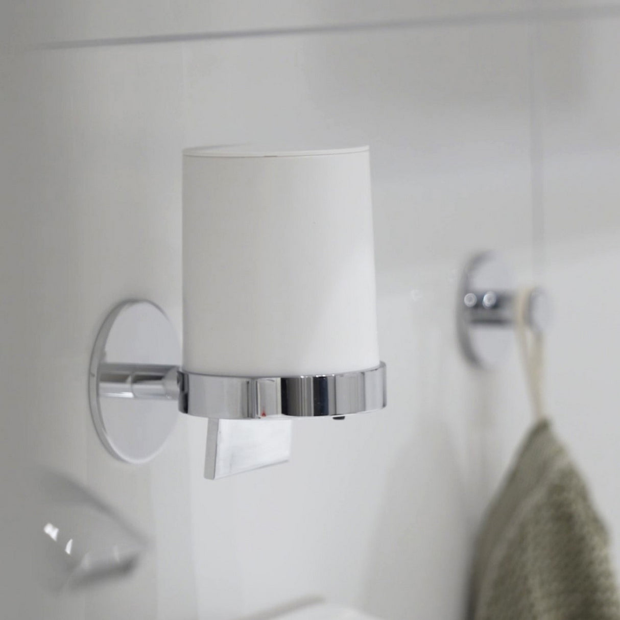 TK361 Smedbo Dot Polished Chrome Self Adhesive Wall Mounted Soap Dispenser Lifestyle