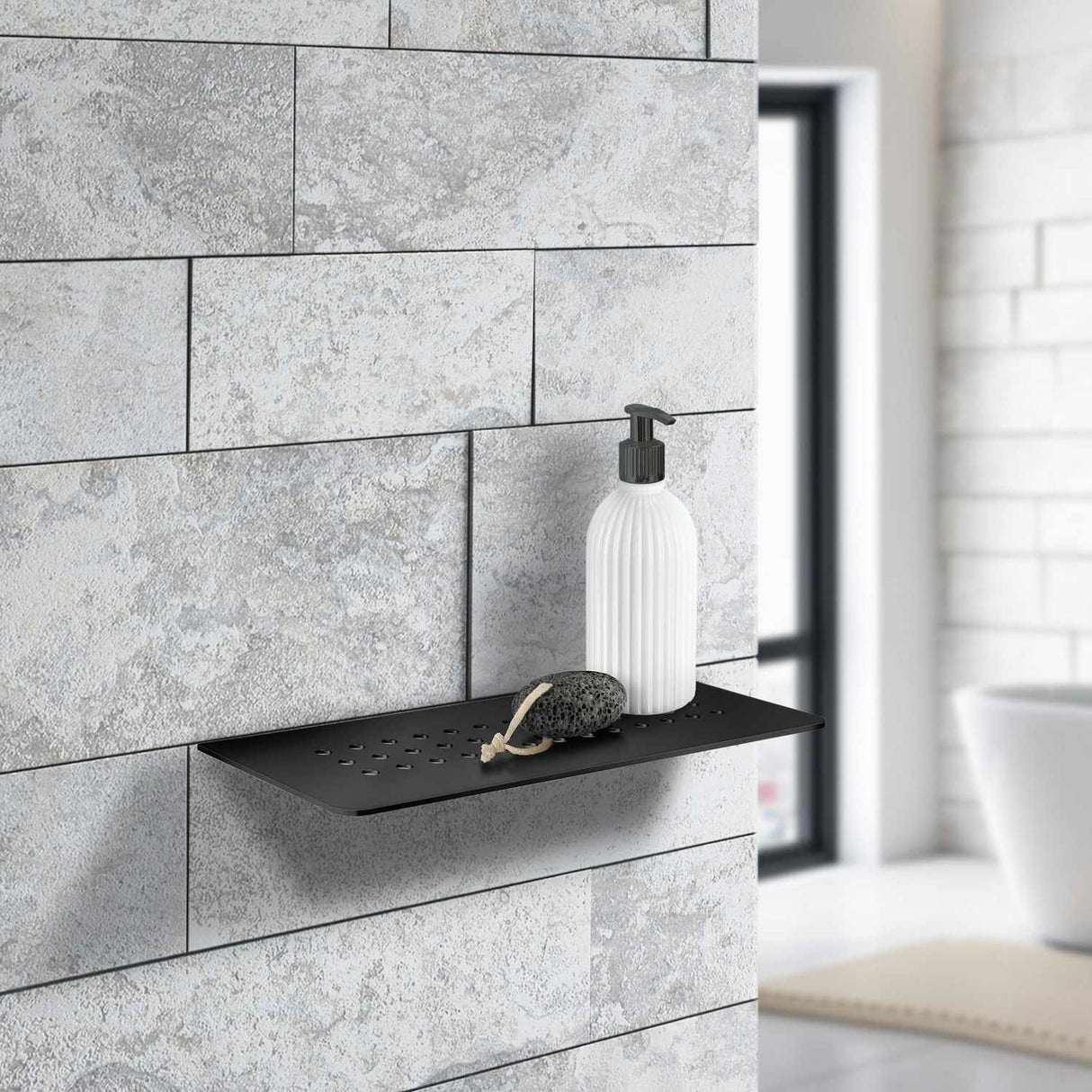 DB3061 Smedbo Grout Line Black Shelf with Holes Installed on Wall