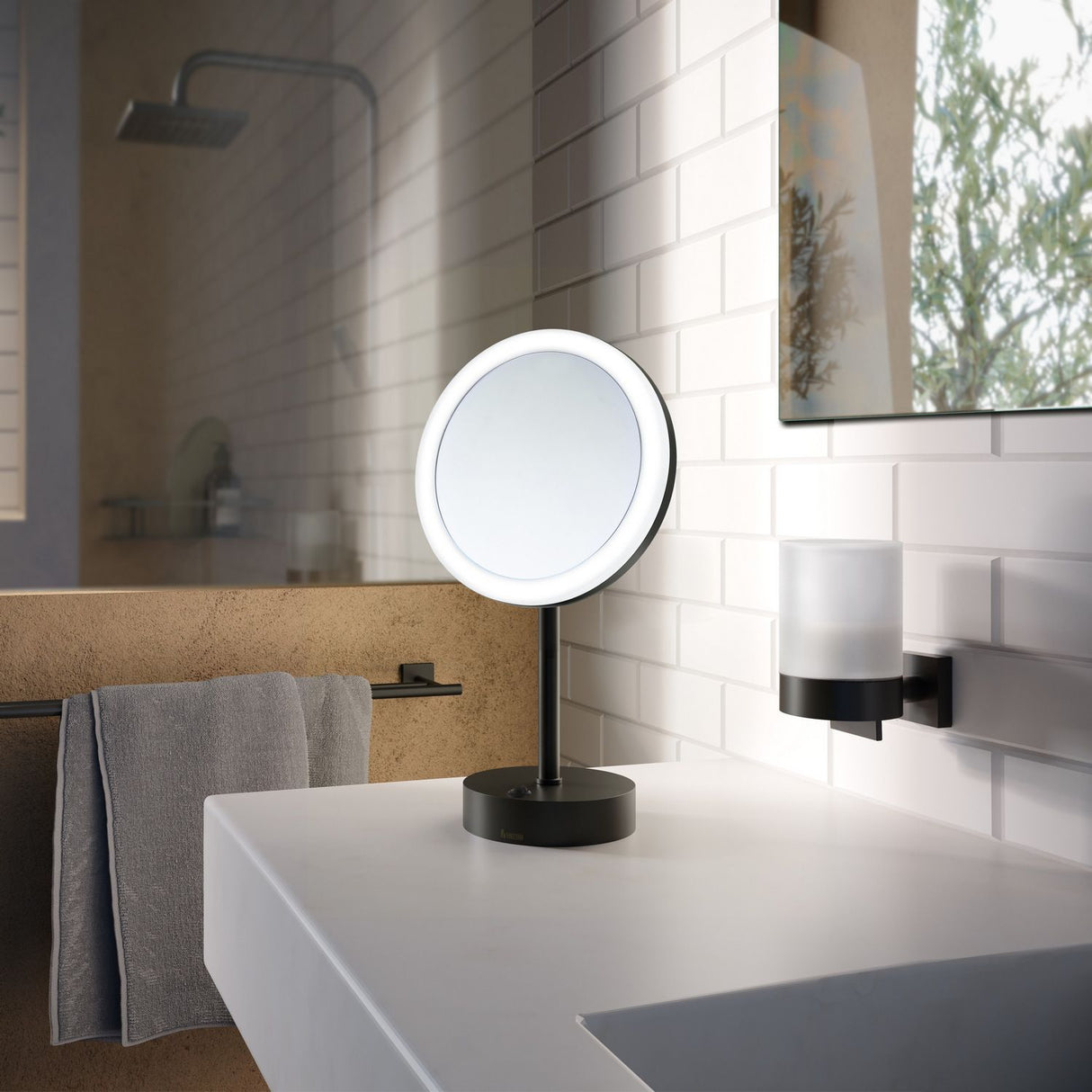 RB361 Smedbo House Glass Wall Mounted Soap Dispenser in Black Bathroom Setting