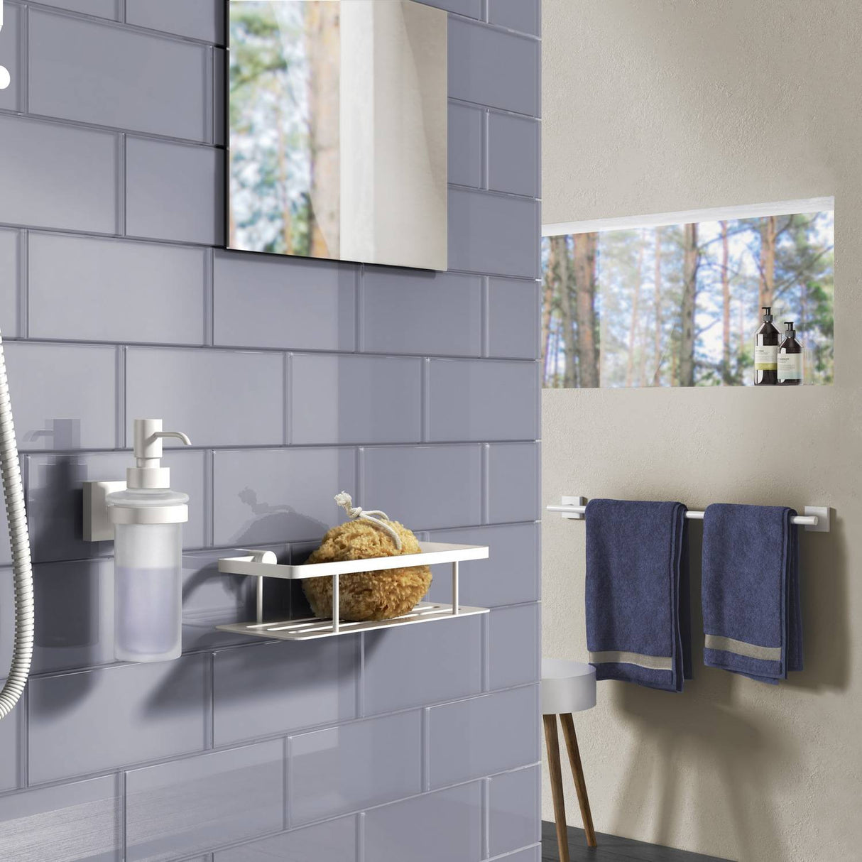 RX369 Smedbo House Matt White Wall Mounted Glass Soap Dispenser Bathroom Setting