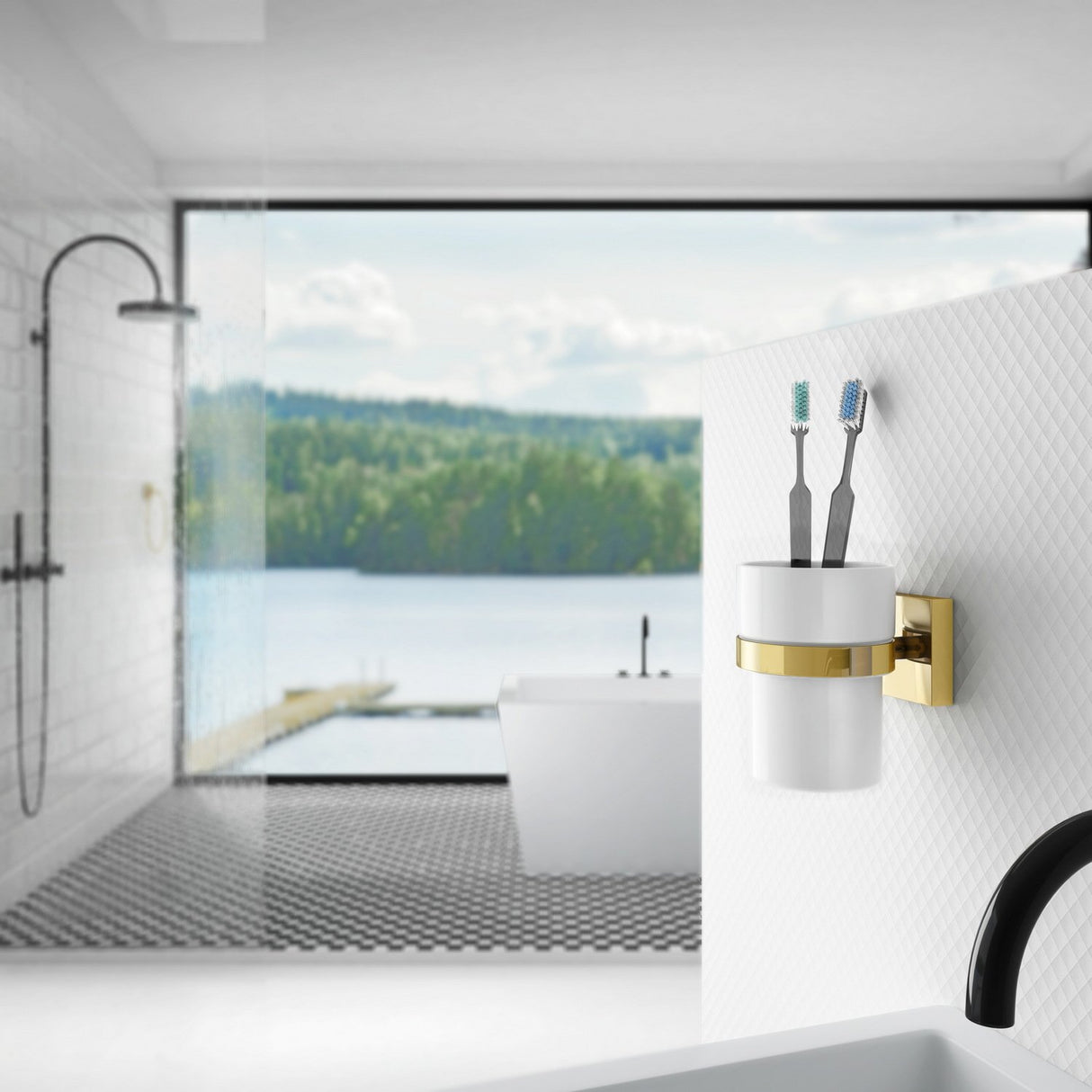 RV343P Smedbo House Porcelain Tumbler and Polished Brass Holder Lifestyle