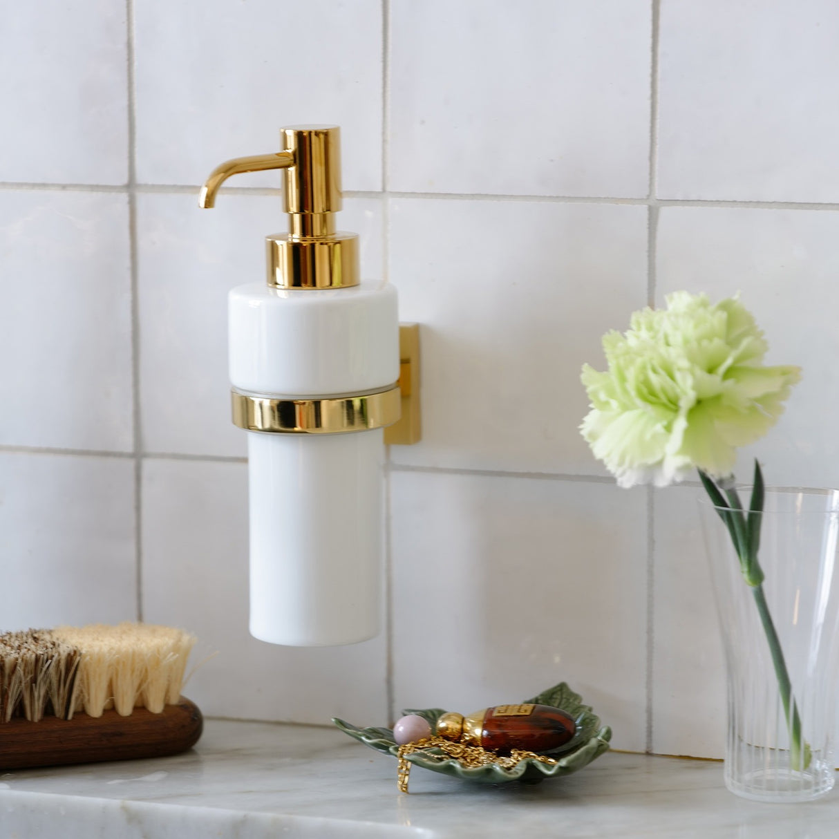RV369P Smedbo House Wall Mounted Polished Brass Soap Dispenser Lifestyle