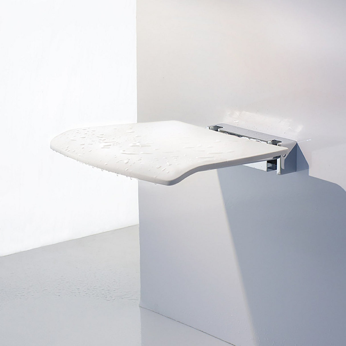 FK404 Smedbo Living Folding Wall Mounted White Shower Seat Folded Down