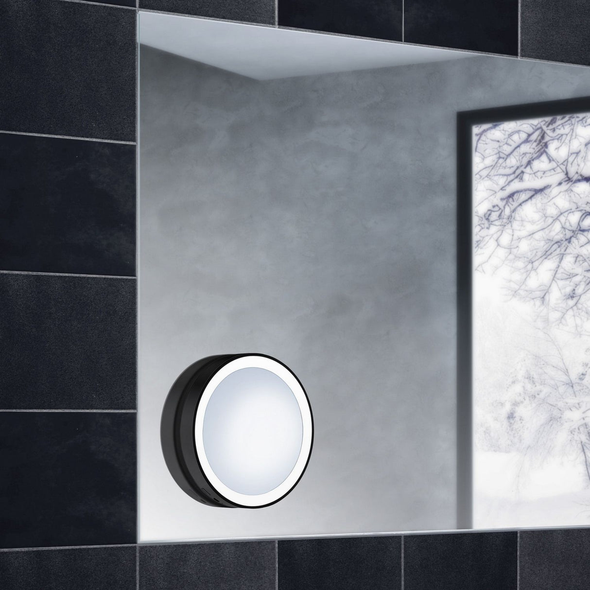 FB625 Smedbo Outline Matt Black LED Makeup Mirror with Suction Cups Lifestyle