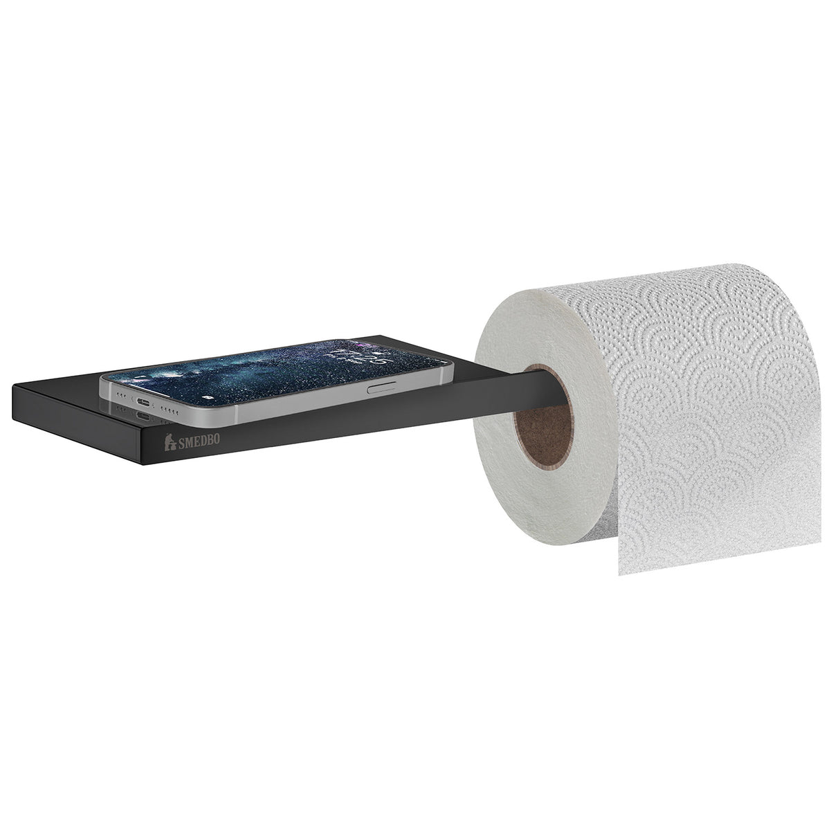 Smedbo Outline Toilet Roll Holder with Shelf in Matt Black lifestyle