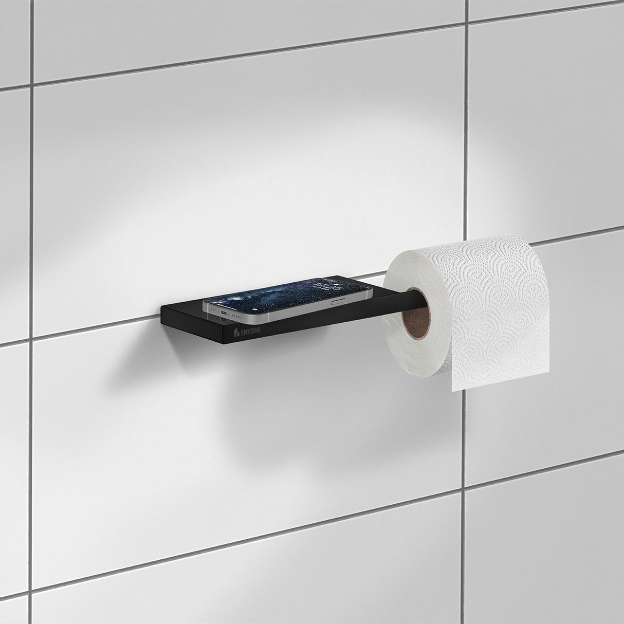Smedbo Outline Toilet Roll Holder with Shelf in Matt Black lifestyle 2