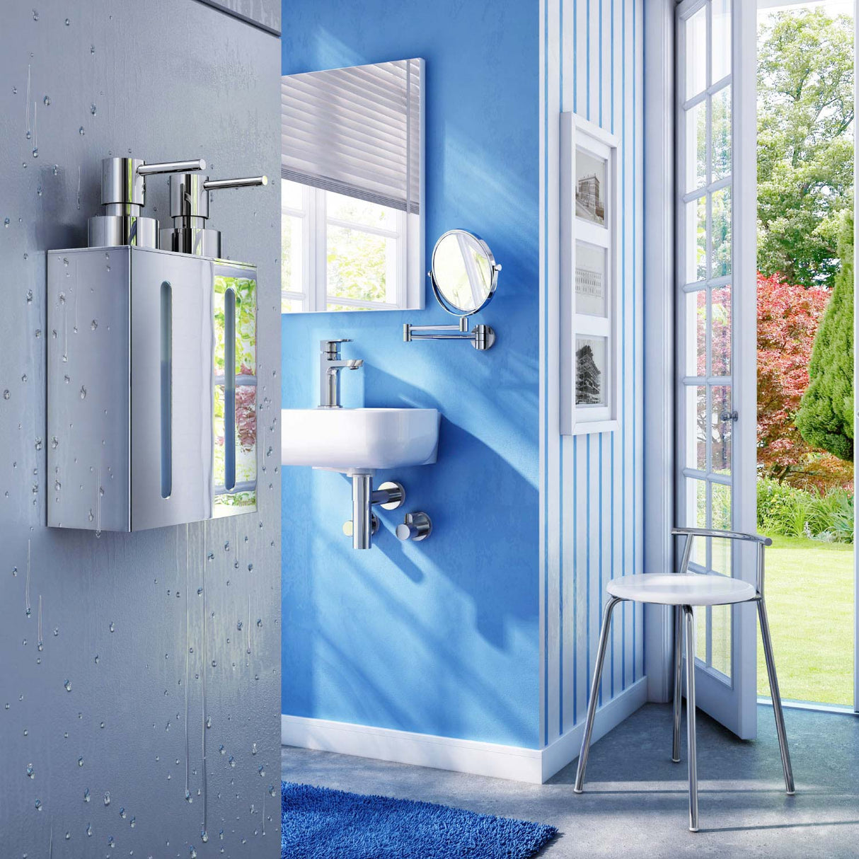 Smedbo Outline Wall Mounted Soap Dispenser 2 Containers in Polished Chrome lifestyle