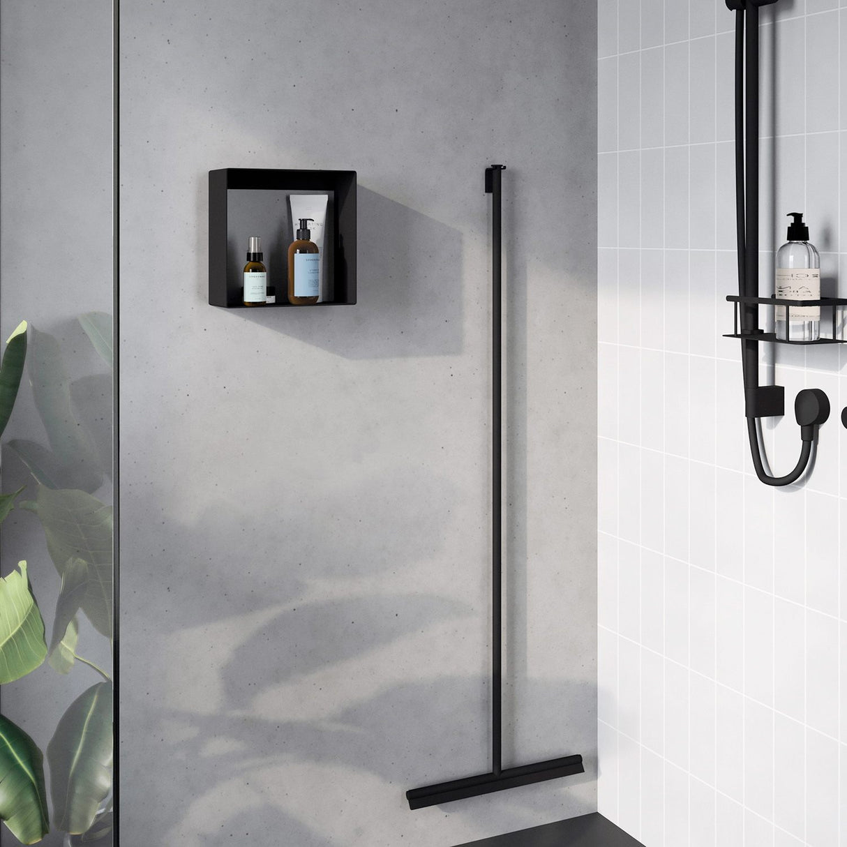DB5021 Smedbo Sideline Black Cube Shower Shelf with Floor Squeegee