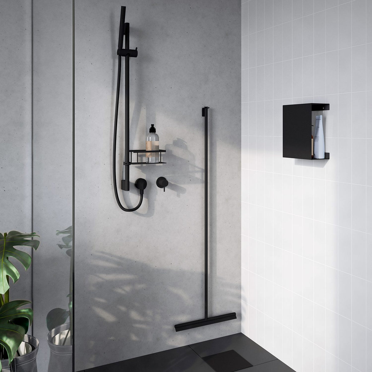 DB2170 Smedbo Sideline Black Floor Squeegee with Self Adhesive Hook Lifestyle