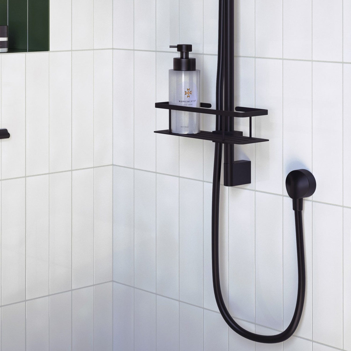 DB3006 Smedbo Sideline Black Shower Riser Rail Basket Installed on a Slide Rail