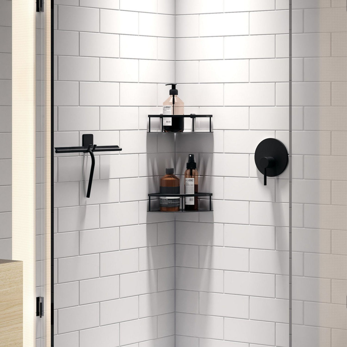 DB2142 Smedbo Sideline Black Shower Squeegee with Self Adhesive Hook Bathroom Setting