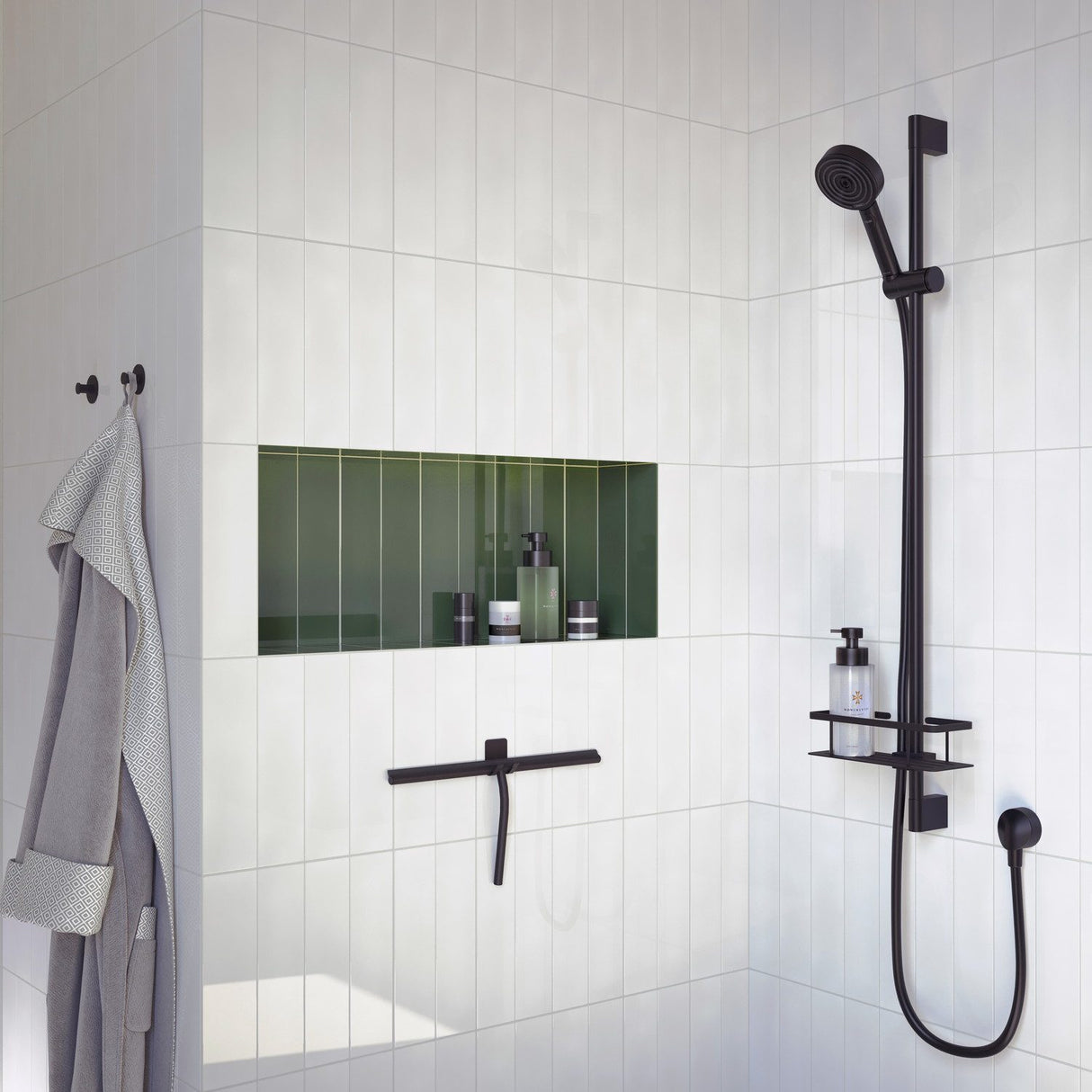 DB2142 Smedbo Sideline Black Shower Squeegee with Self Adhesive Hook Lifestyle