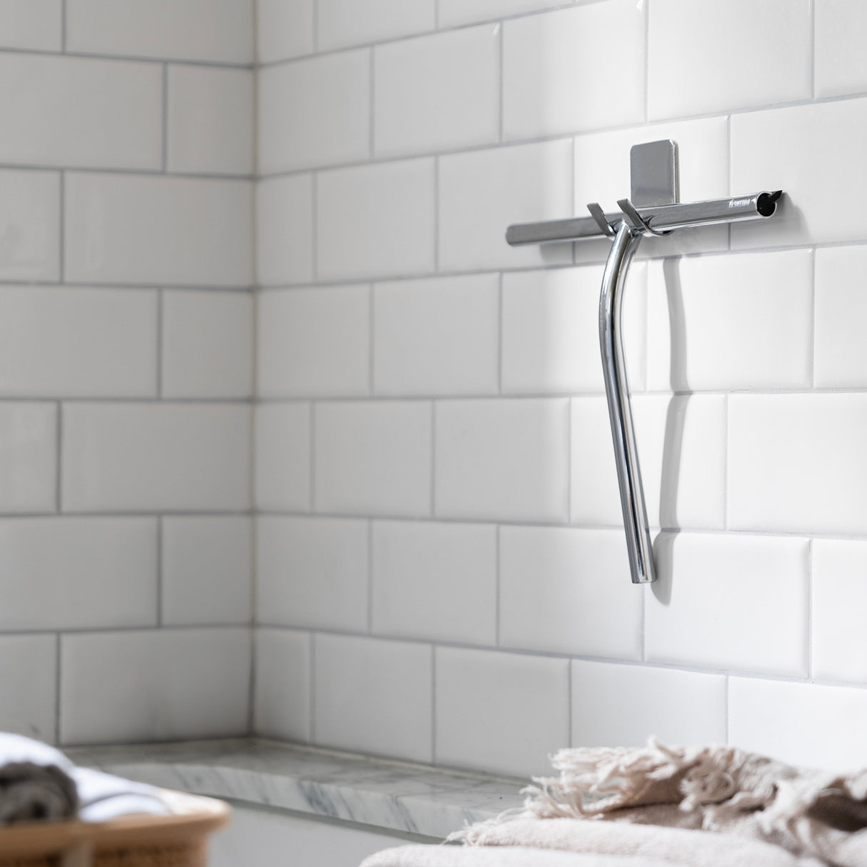 DK2140 Smedbo Sideline Chrome Shower Squeegee with Self Adhesive Hook Lifestyle