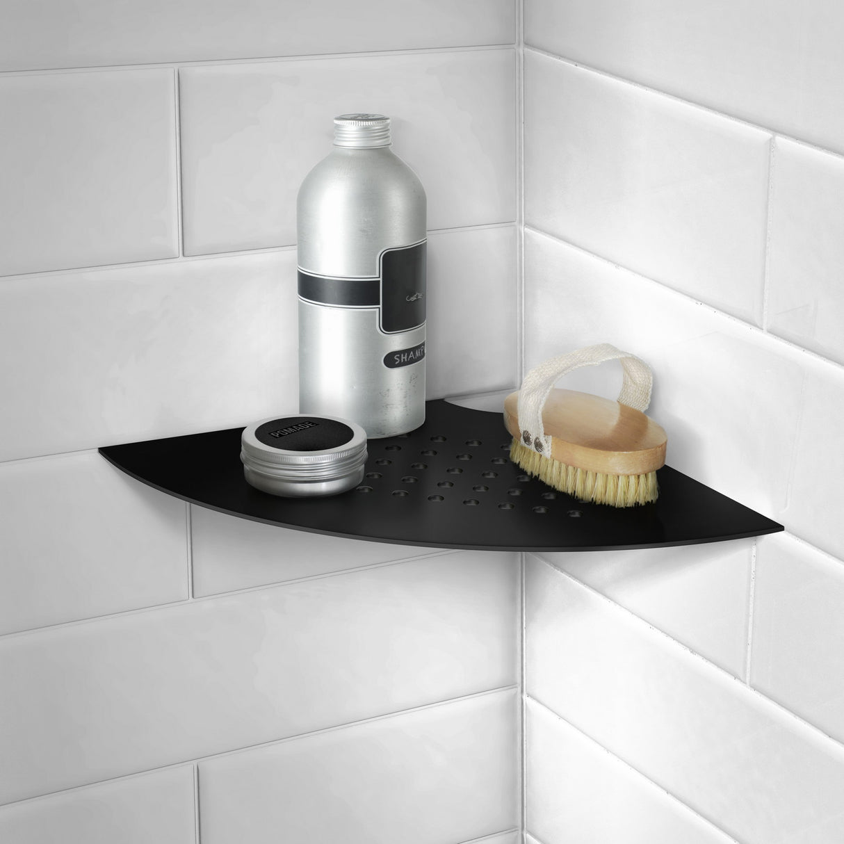 DB3063 Smedbo Sideline Grout Line Black Corner Shelf with Holes Lifestyle