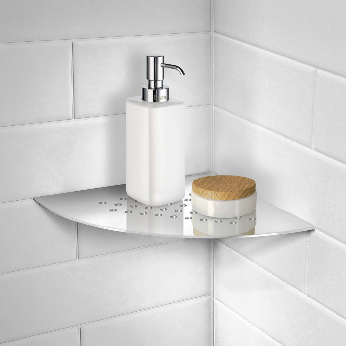 DK3063 Smedbo Sideline Grout Line Polished Corner Shelf with Holes Lifestyle