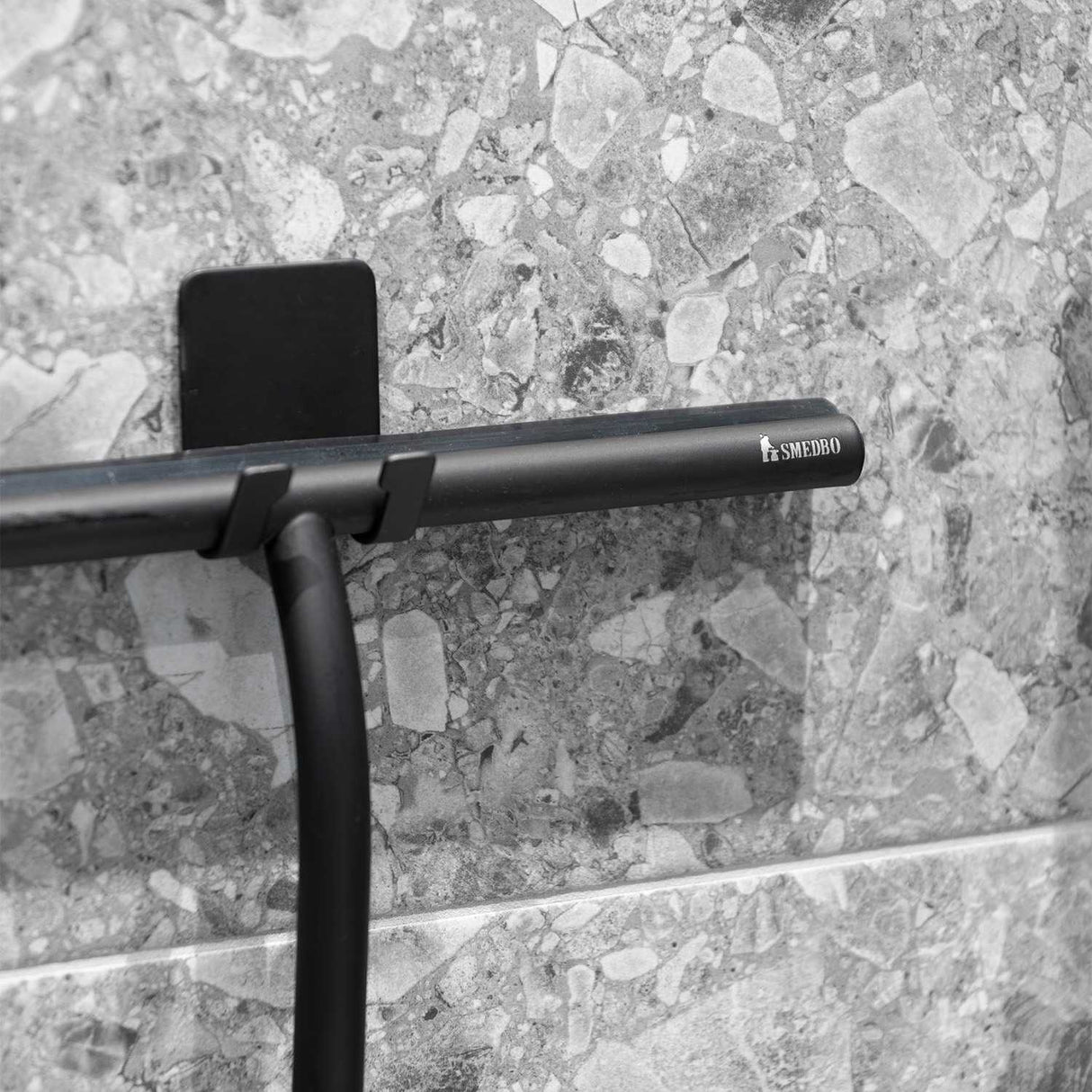 DB2140 Smedbo Sideline Matt Black Shower Squeegee with Self Adhesive Hook Close Up of Holder