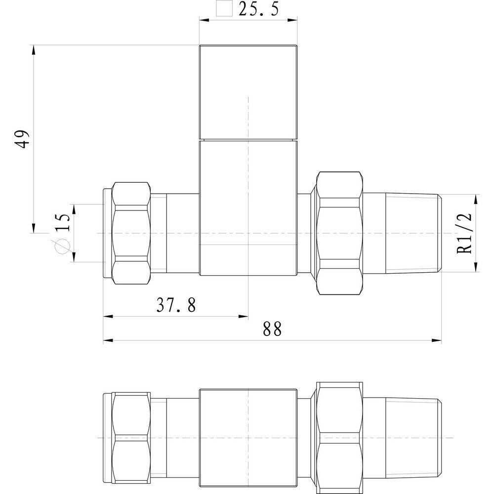 Ajax Square Straight Radiator Valves in Chrome dimensions