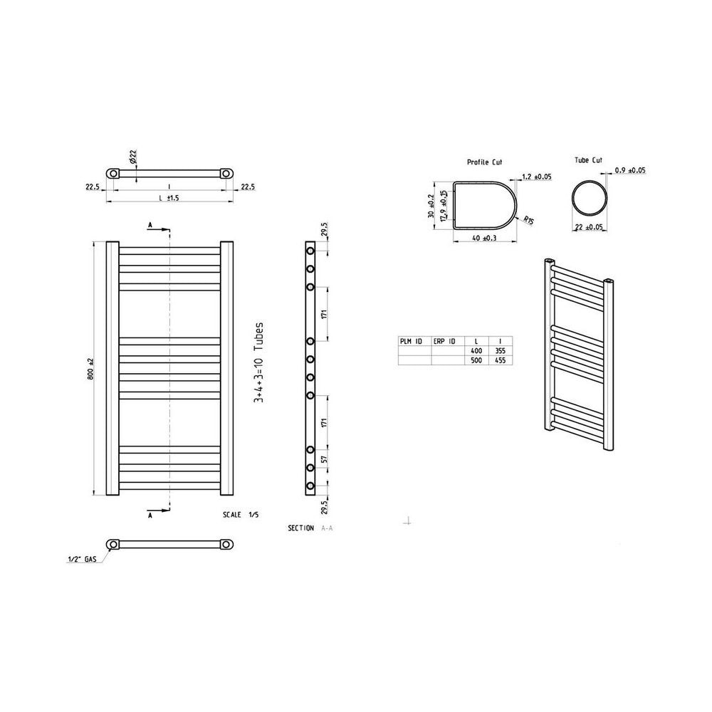 Ajax Kenwick 800 x 500mm Straight Ladder Towel Warmer in Chrome dimensions
