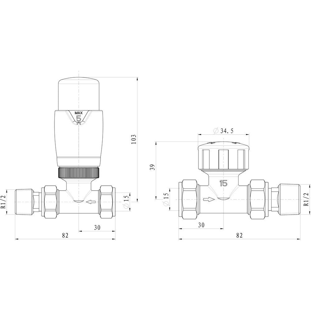 Ajax Round Straight Thermostatic Radiator Valves in Matt Black dimensions