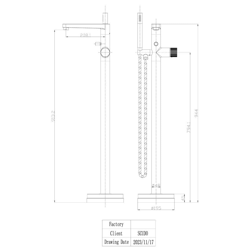 Scudo Koko Freestanding Bath Shower Mixer in Black dimensions