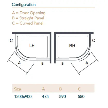 Merlyn Ionic Essence 1200 x 900mm Black One Door Offset Quadrant Left-Hand dimensions