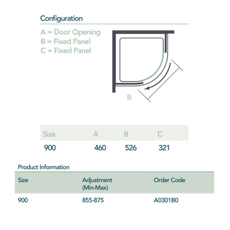 Merlyn Ionic Express  1 Door Quadrant Enclosure size chart