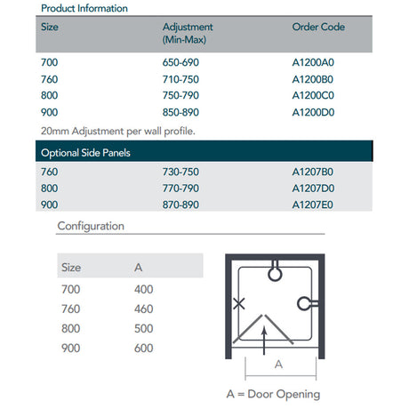 Merlyn Ionic Source Bifold Shower Door size chart
