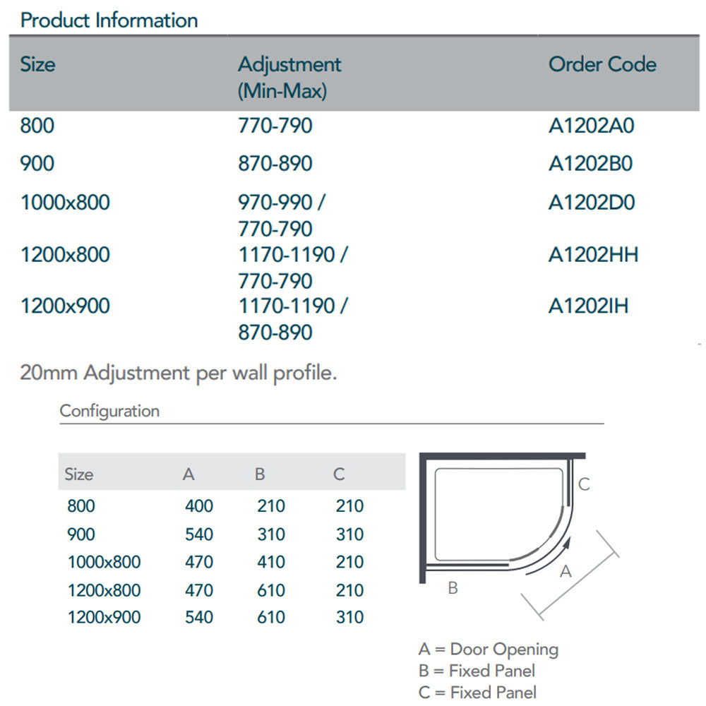Merlyn Ionic Source 2 Door Offset Quadrant Shower Enclosure size chart