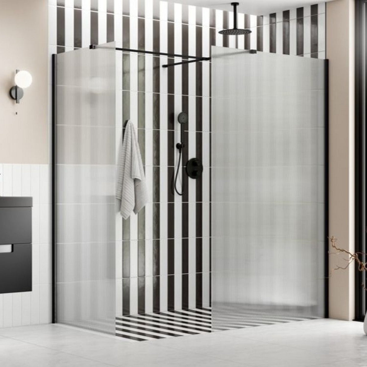 Ajax Reni 8mm Wetroom Panel Fluted Glass Black Profile Side Panel