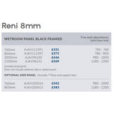 Ajax Reni 8mm Wetroom Panel Clear Glass with Black Framed Grid and Profile