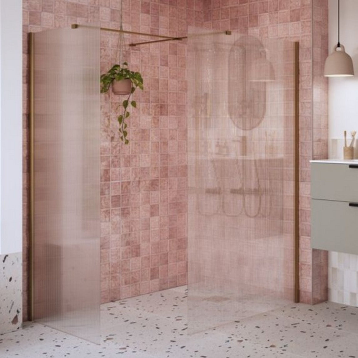 Ajax Reni 8mm Wetroom Panel Fluted Glass Brushed Bronze Profile Side Panel