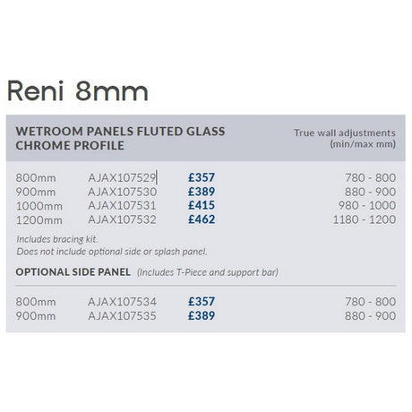 Ajax Reni 8mm Wetroom Panel Fluted Glass with Chrome Profile