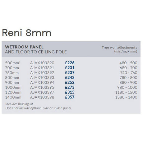 Ajax Reni 8mm Wetroom Panel Clear Glass with Chrome Floor to Ceiling Post and Profile