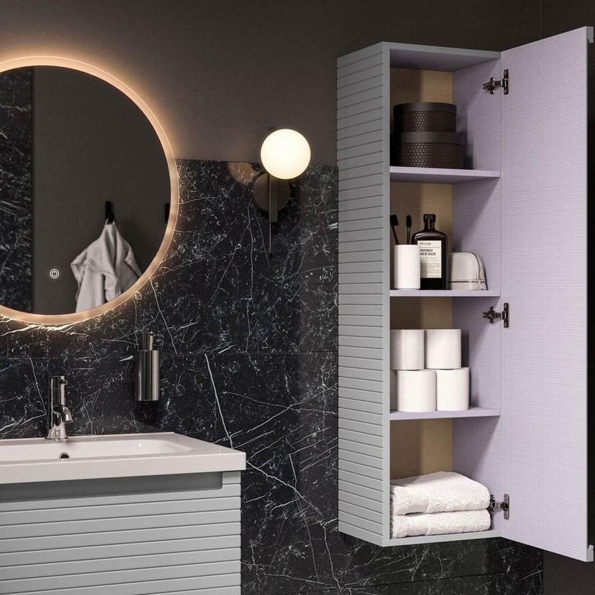 Ajax Barnoldby 350mm Wall Hung Tall Storage Unit in Matt Mineral Grey lifestyle 2