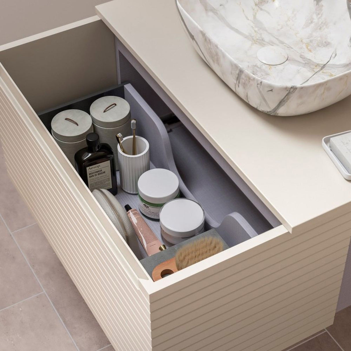 Ajax Barnoldby 600mm Wall Hung Vanity Unit with Worktop in Matt Cotton drawer
