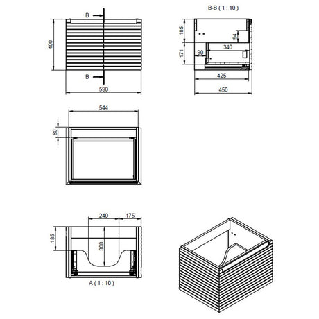 Ajax Barnoldby 600mm Wall Hung Vanity Unit with Worktop in Matt Mineral Grey Dimensions