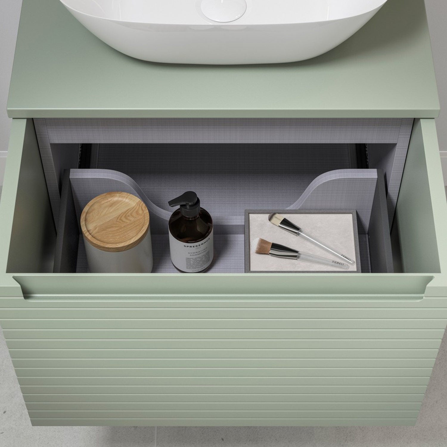 Ajax Barnoldby 600mm Wall Hung Vanity Unit with Worktop in Matt Willow Green Lifestyle 2