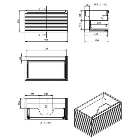 Ajax Barnoldby 800mm Wall Hung Vanity Unit with Worktop in Matt Mineral Grey dimensions