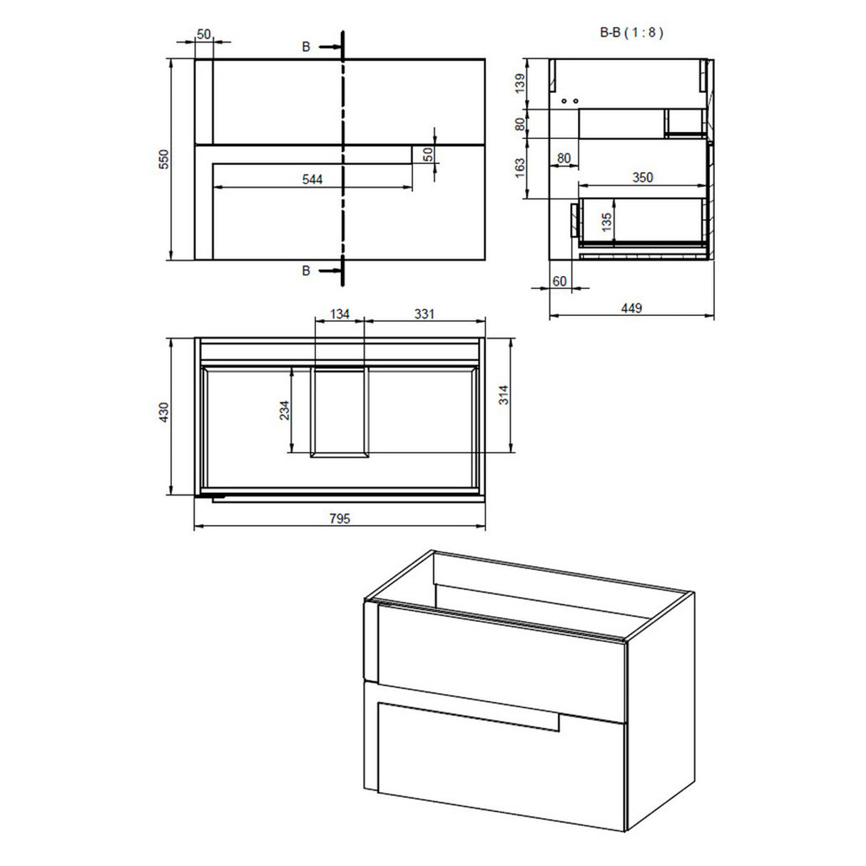 Ajax Brocklesby Matt Black Wall Hung 815mm Vanity Unit with White Ceramic Basin Line drawing for unit
