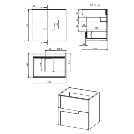 Ajax Brocklesby Matt Cotton Wall Hung 615mm Vanity Unit with Thin Edge Basin dimensions