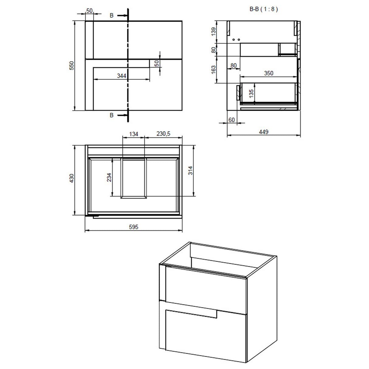 Ajax Brocklesby Wall Hung 605mm Vanity Unit with Resin Basin in Matt Black line drawing