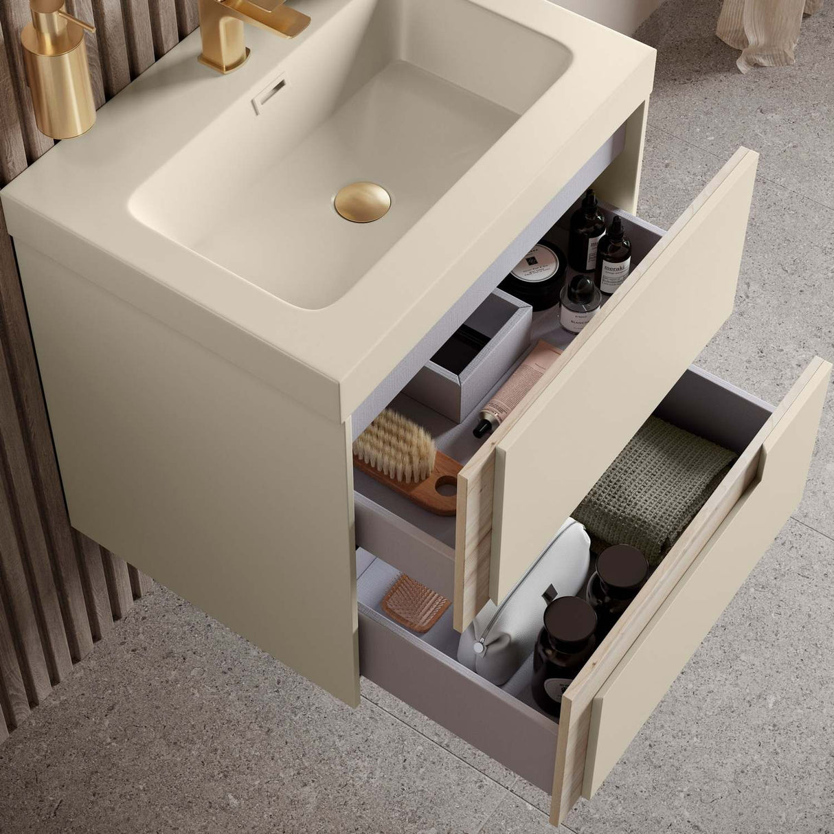 Ajax Brocklesby Wall Hung 605mm Vanity Unit with Resin Basin in Matt Cotton full unit