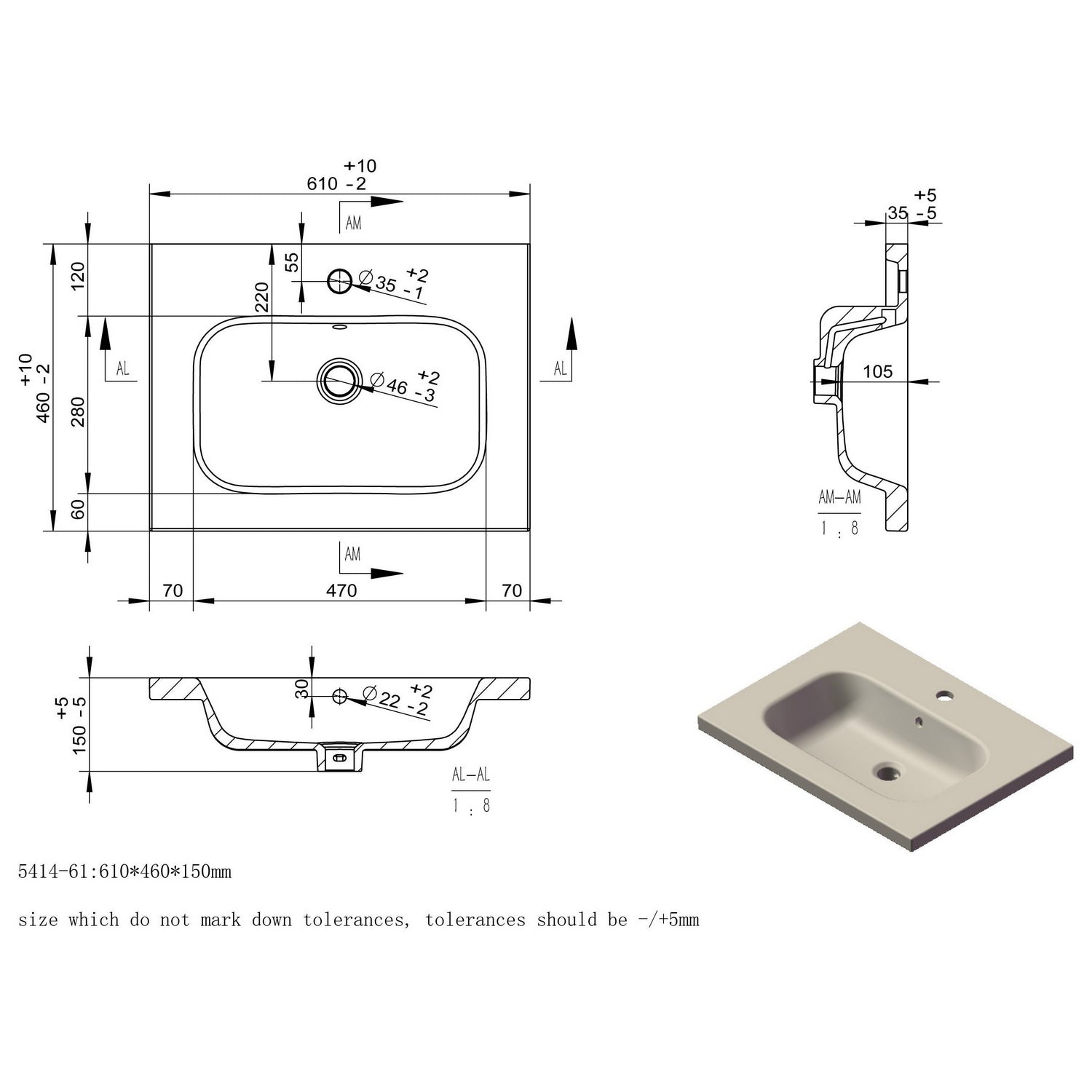 Ajax Brocklesby Wall Hung 605mm Vanity Unit with Resin Basin in Matt Cotton basin dimensions