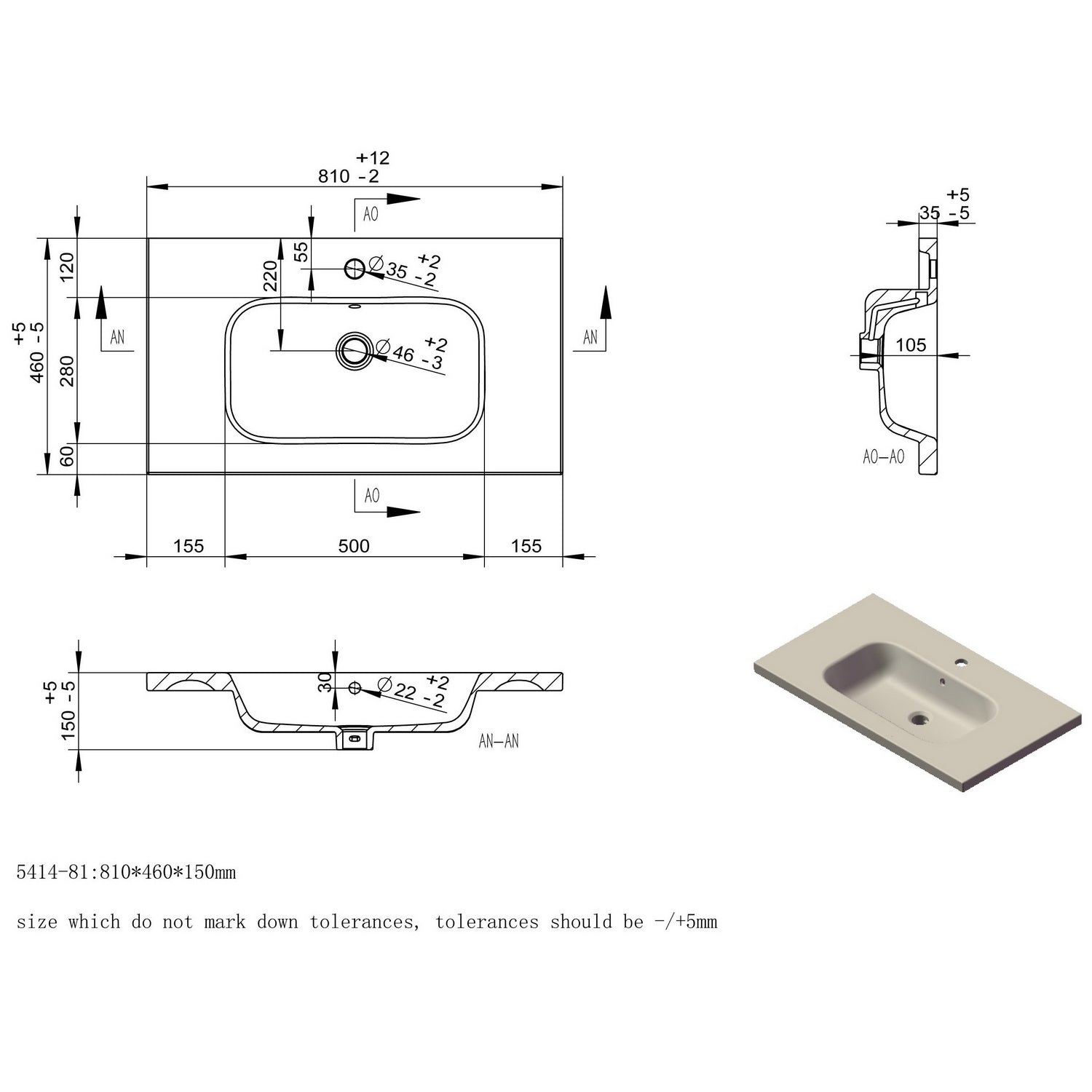 Ajax Brocklesby Wall Hung 805mm Vanity Unit with Resin Basin in Matt Black basin line drawing