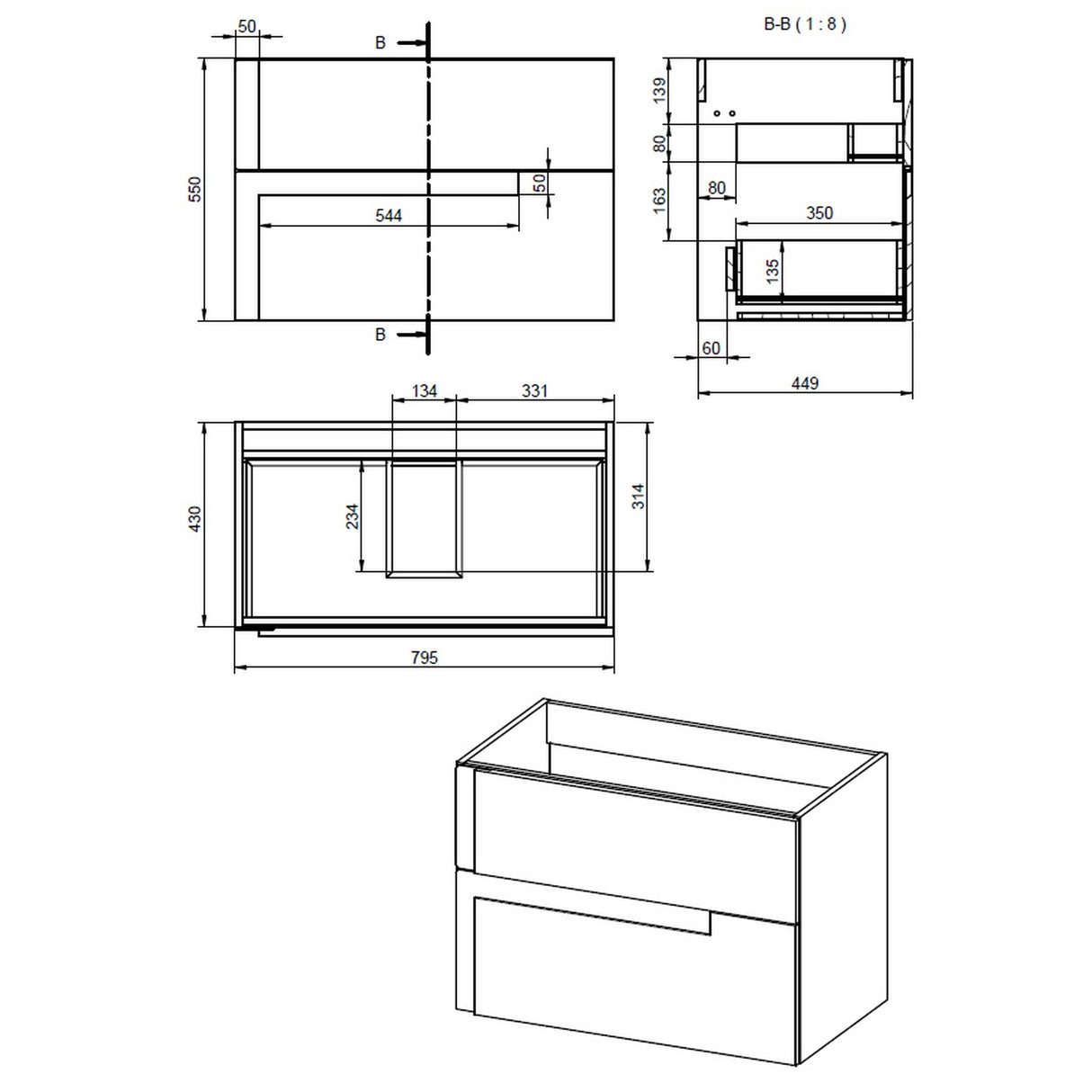 Ajax Brocklesby Wall Hung 805mm Vanity Unit with Resin Basin in Matt Black unit line drawing
