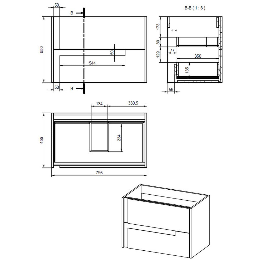 Ajax Brocklesby Wall Hung 805mm Vanity Unit with Resin Basin in Matt Cotton unit line drawing