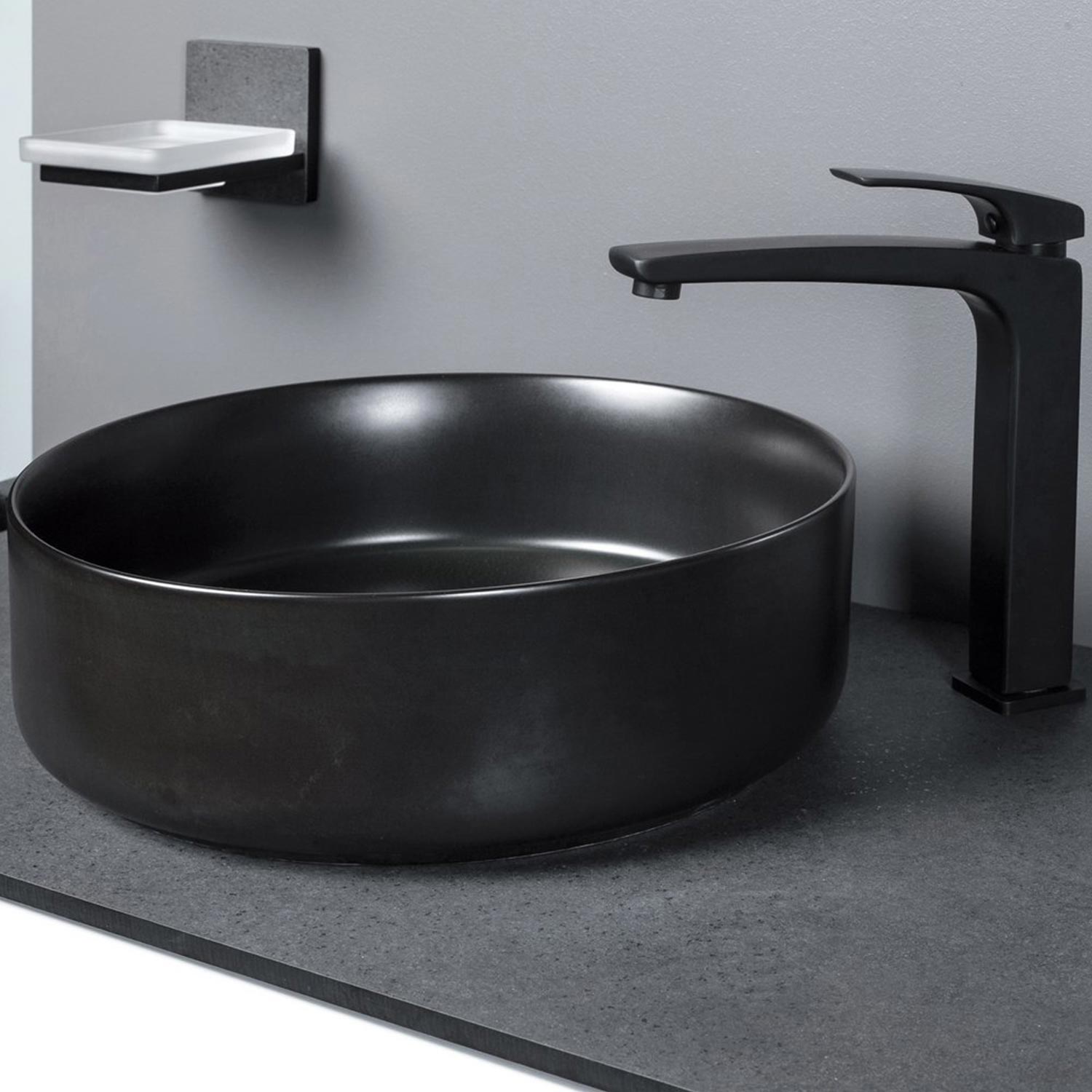 Ajax Hainton 355mm Round Ceramic Countertop Basin lifestyle black